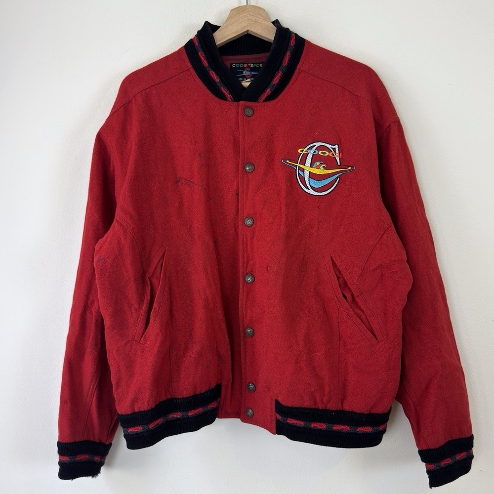 Vintage 90's COOGI Embroidered Logo Bourbon Up Red Bomber Varsity Jacket - S/M